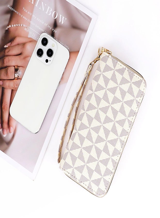 BUNCHBRAVO Triangle Pattern Wallet, Double Zipper Pockets, PU Leather Cellphone Purse Credit Card Cash Holder, Beige and Gray Grid - Image 4